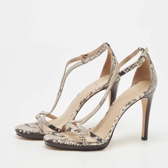 Tory Burch Grey/Black Python Embossed Leather Shelley Stiletto Sandals‎ Size 9 - Picture 1 of 8